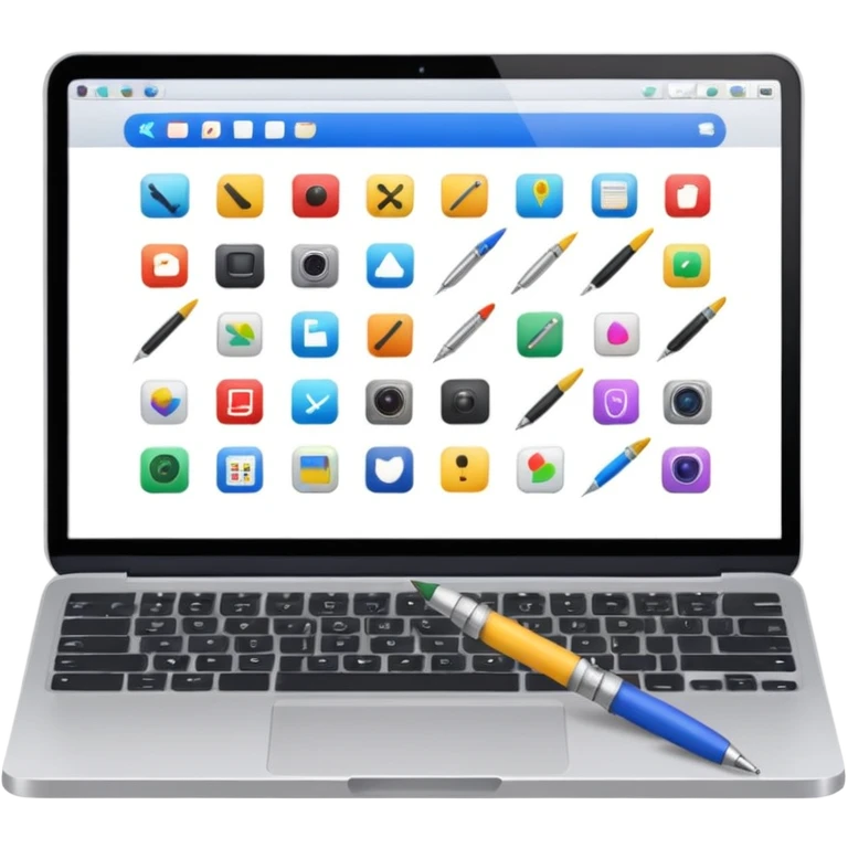 laptop emoji with grid of mini creative icons paintbrush camera pen on screen emoji