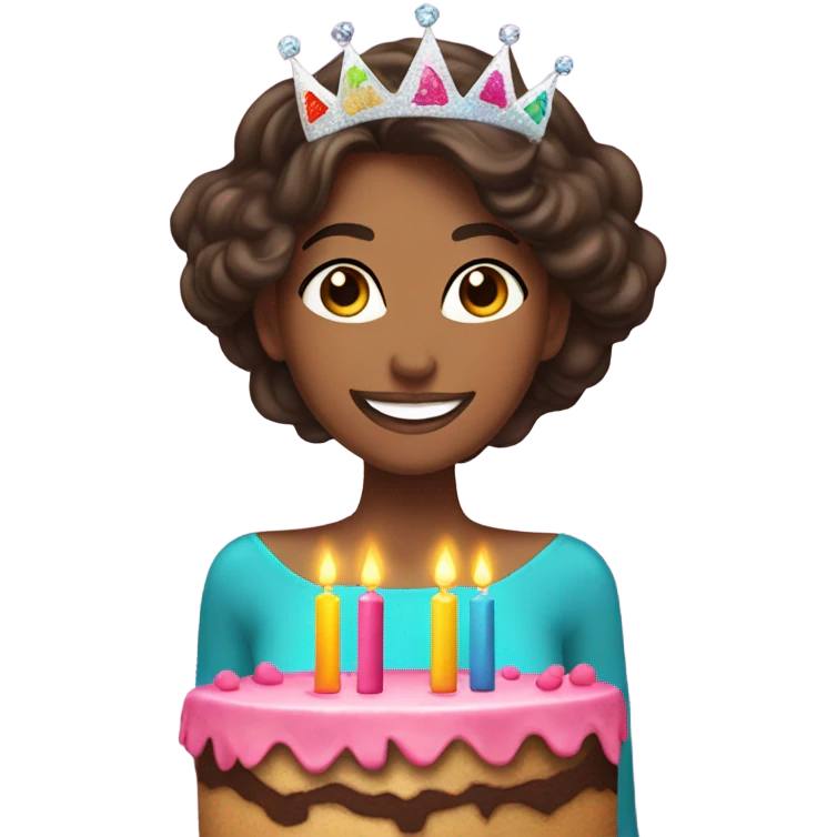 Beautiful brunette with birthday cake and tiara emoji