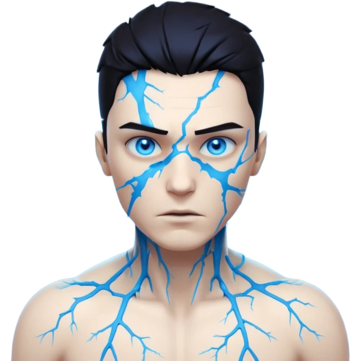 electric lab mutant portrait, head and shoulders only, glowing blue energy cracks on skin, wild hair, intense eyes, sci-fi lab accident vibe, 3D cartoon, mobile game icon style, clean background, no text, no watermark

 emoji