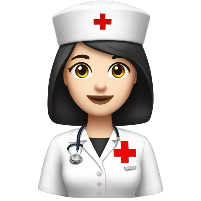 pixie cut black straight hair female nurse with red cross sign hat wearing dress
pale skin color
black eyes emoji