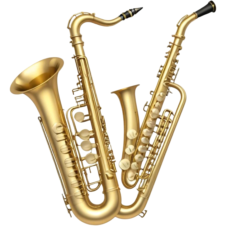 Create a professional, harmonious emoji collage symbolizing wind instruments.  The instruments should be in metallic gold, silver, and brass tones, with subtle reflections to convey a professional and polished appearance. Add soft musical notes or soundwaves to surround the instruments, creating a sense of movement and sound. The background should be transparent, ensuring all instruments are the focus and the composition remains harmonious and balanced. emoji