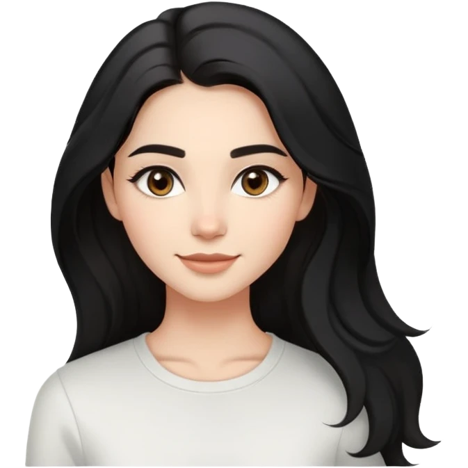 A young woman with long, slightly wavy black hair, hazel eyes, and well-defined eyebrows. She has a natural glow, a subtle smile, and wears minimal makeup. Dressed in a casual black and white outfit, with a softly blurred bright indoor background. emoji