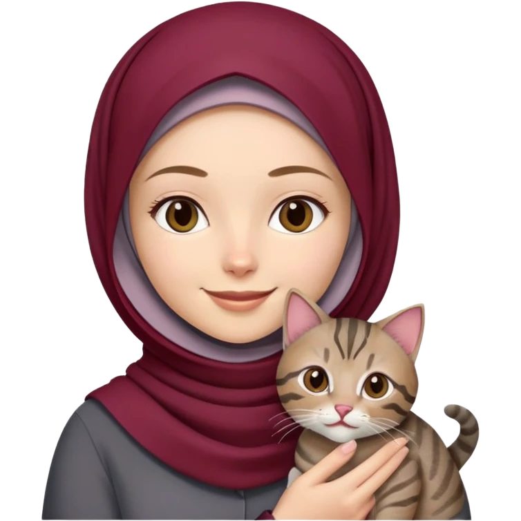 White girl wearing maroon hijab holding a black grey tabby cat while smiling emoji