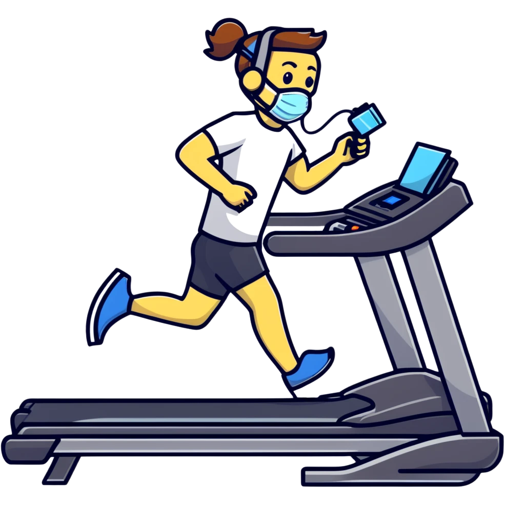 Runner on treadmill wearing oxygen consumption mask with tubes and sensors, VO2 max test in progress emoji