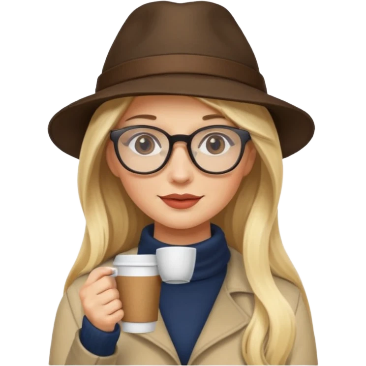 long hair blonde woman drink coffe with hat and glasses emoji