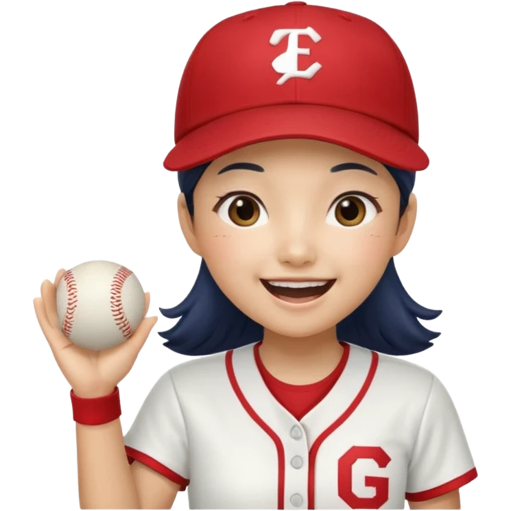 a korean girl cheering her favorite baseball team, wearing the team uniform, baseball cap, and holding baseball emoji