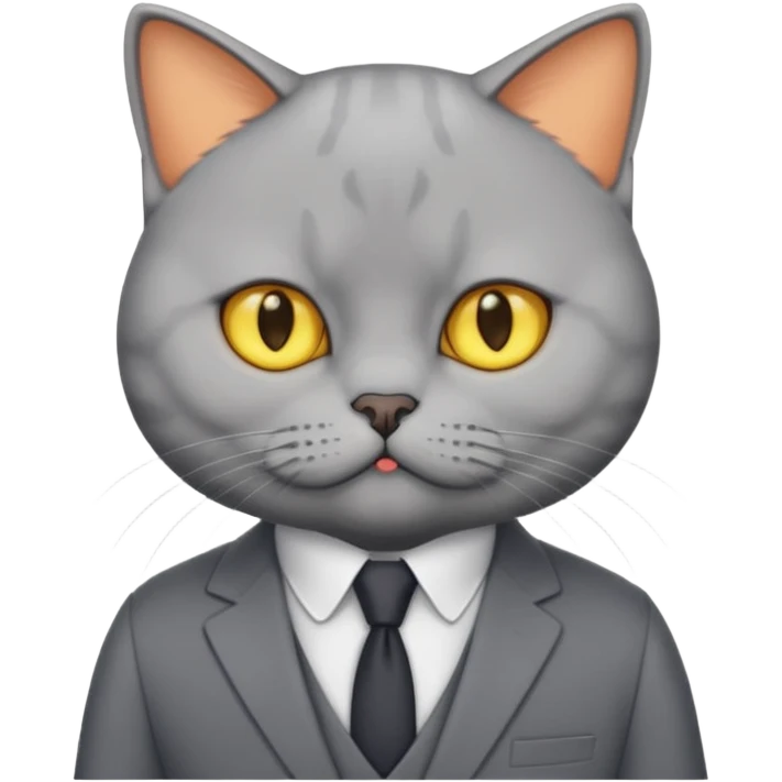 British Shorthair with yellow eyes wears gray suit attends a press conference. emoji