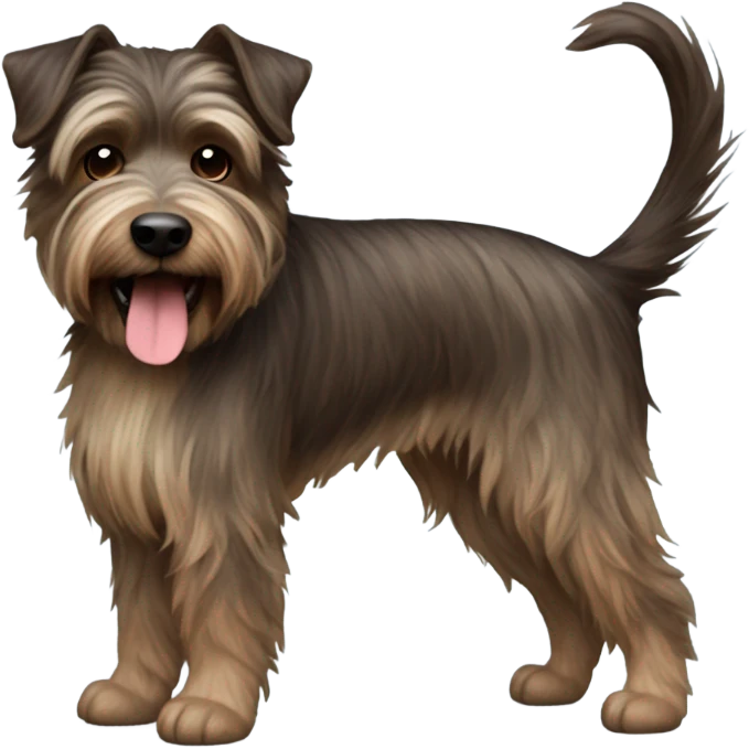 a dark brown haired brindle color terrier with crazy hair and long chin hair name Bon Jovi emoji
