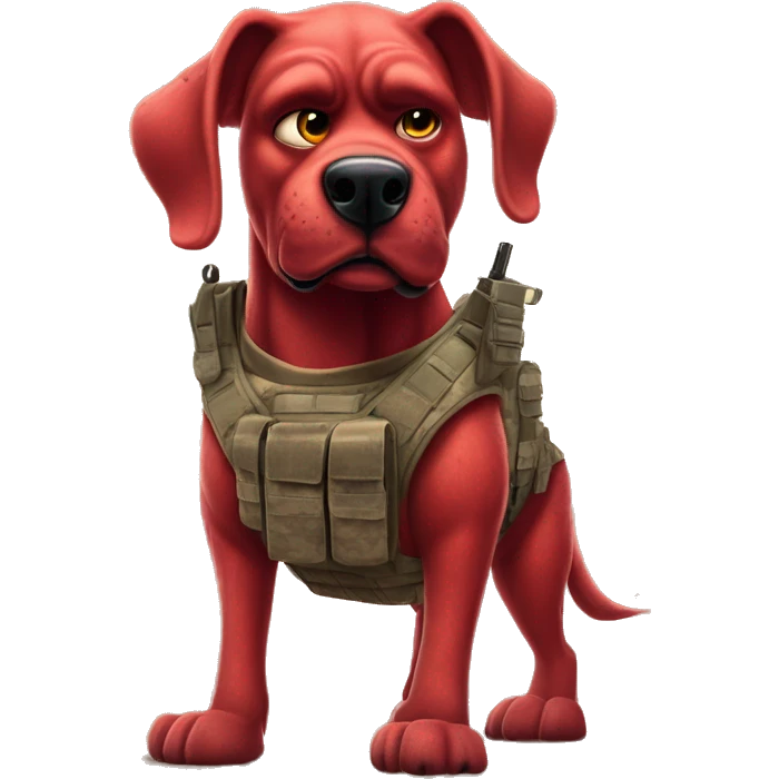 Desert storm humanoid Clifford the big red dog muscled with tattoos on arms book illustration as a military call of duty character standing alone emoji