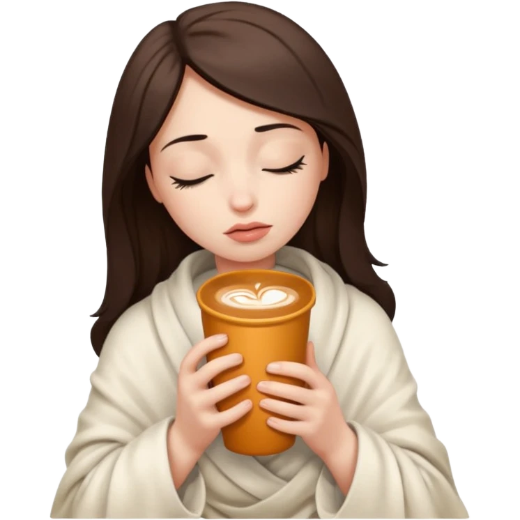girl inside a offwhite blanket holding a coffee mug eyes closed, looking sad emoji