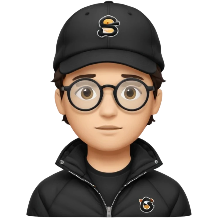 Young man wearing a black puffer jacket, black baseball cap with a small logo, round black glasses, wavy hair peeking out from under the  emoji