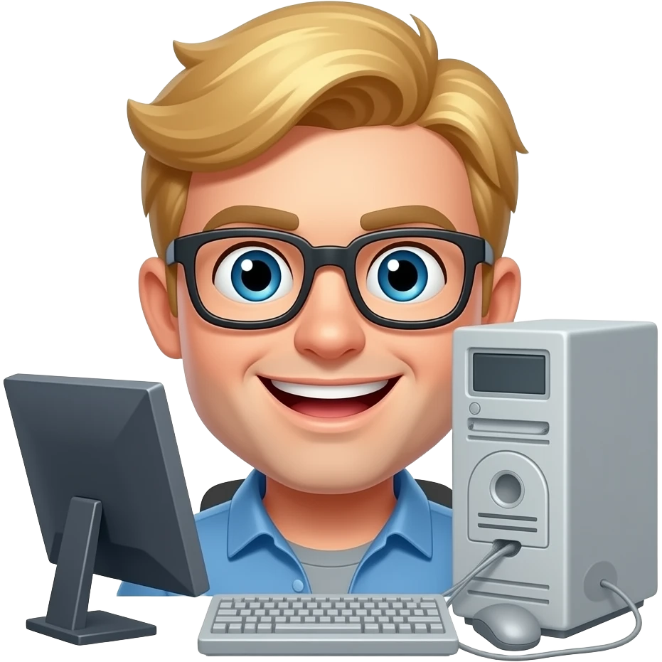 hungry software developer, somehow happy, blonde, with a pc emoji
