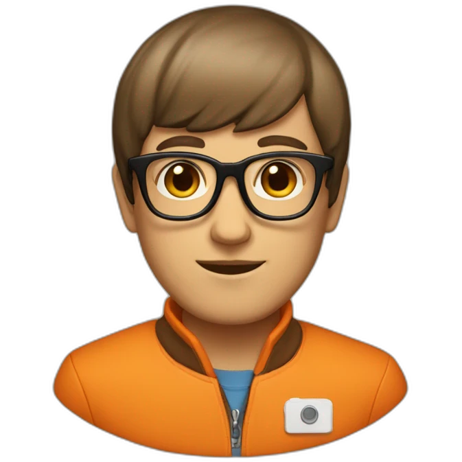 a man with a bowl cut brown squar glasses, a orange jacket emoji