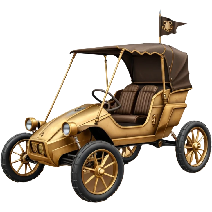 Old American West tarnished C-3PO bounty hunter 1854 delicately ornate rosegold accents painted dune buggy buckboard wagon powered by electric motors and batteries with safety features and belts flying rapidly across rough dusty terrain stable on strong agile futuresteampunk suspension and steering  emoji