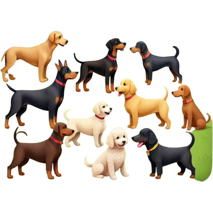 Collage of various dog breeds like Doberman, Poodle, Dachshund, and Golden Retriever, playing in a park with trees and grass. Some dogs run, others sit, all are full of energy and happiness. A joyful, colorful scene with playful expressions. Transparent background. emoji