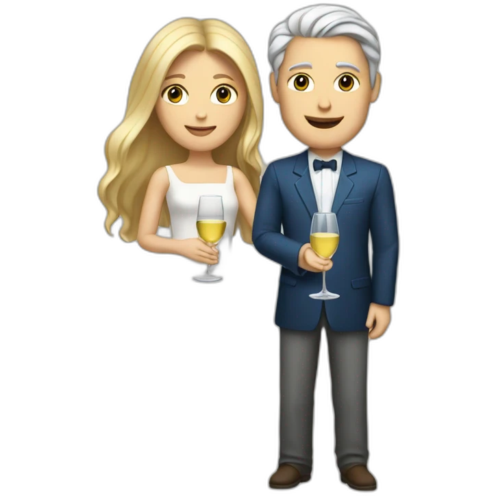 A white woman, she has brown eyes and blond medium long hair. A white man, he has blue eyes and grey hair. They toast to each other with a glass of white wine. emoji