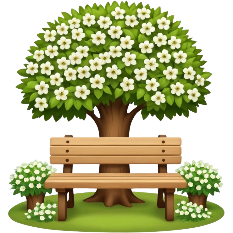 beautiful bench against the background of a tree with blooming white flowers emoji