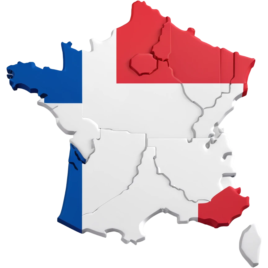 3D illustration of the map of France with the French flag overlay, vivid and bright flag colors emoji