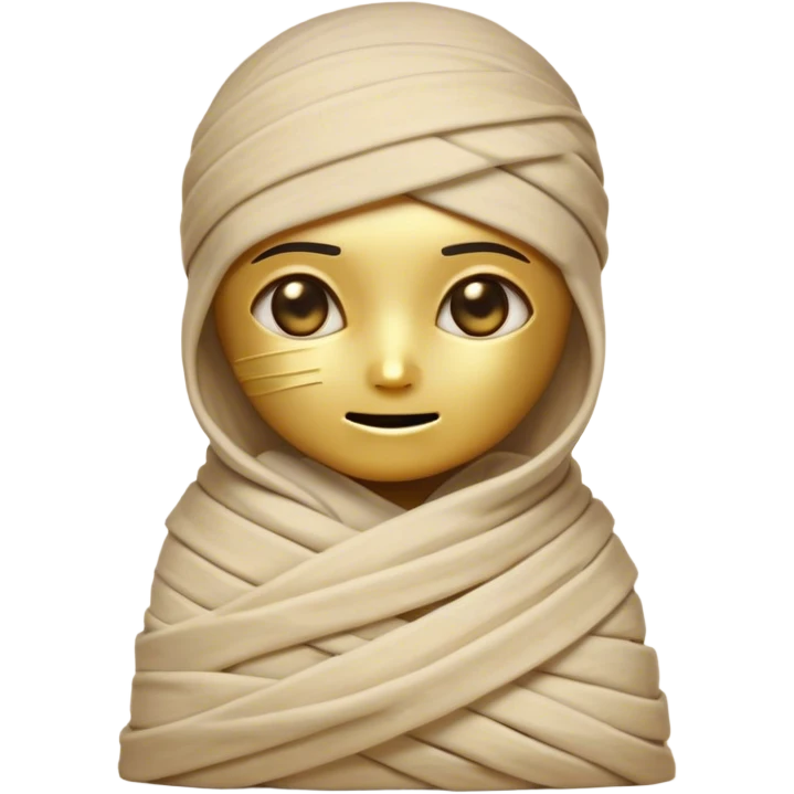 Cinematic Cute Mummy Portrait Emoji, with a delightfully charming, slightly clumsy bandaged form in warm faded tones and subtle hints of gold, featuring wide, curious eyes peeking from the wrappings and a sweet, innocent smile, simplified yet adorably detailed, glowing with a soft, ancient warmth and a gentle outline that captures the playful spirit of an ancient mummy! emoji