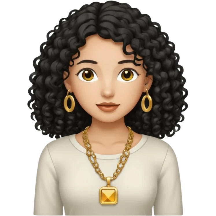 A tan girl with long black  curly hair, a gold necklace, and a square neckline shirt emoji