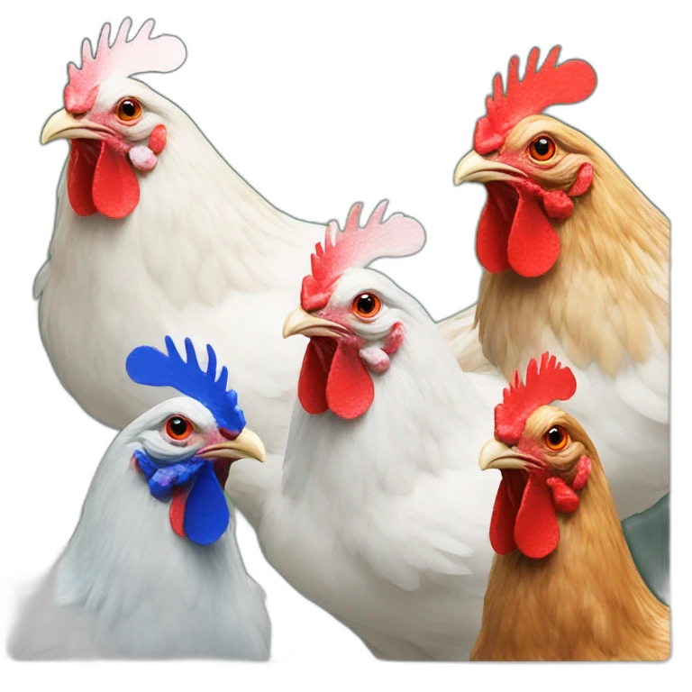 Three chickens red green blue emoji