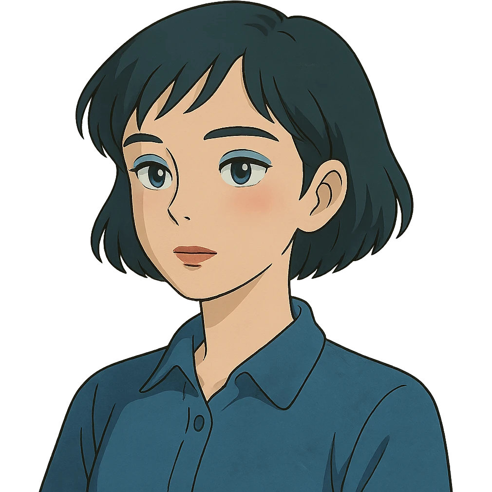 profile picture of a 22-year-old girl with short hair, cool tone makeup, blue shirt, ghibli style emoji