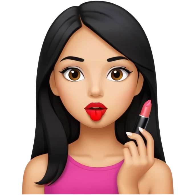 Girly girl young, tanned long black hair, putting on lipstick emoji