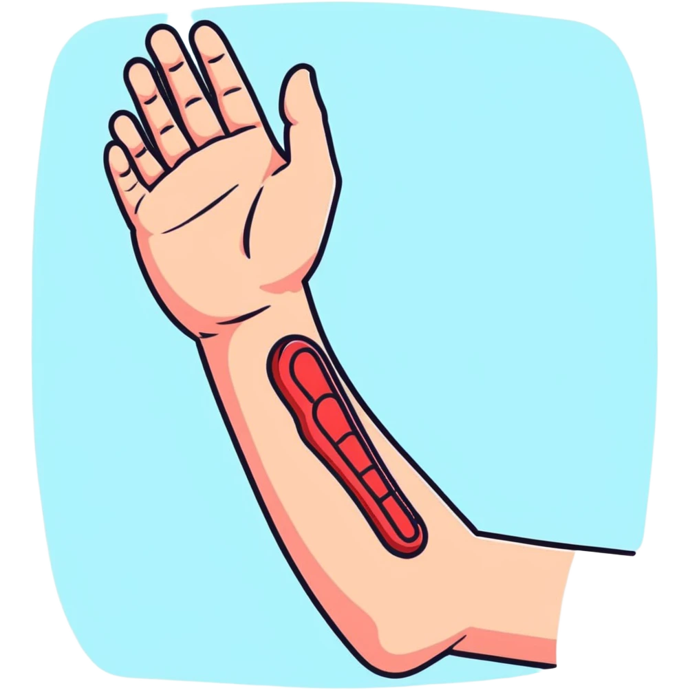 Forearm with allergy skin prick test showing red reaction bumps, 5 fingers visible at the wrist, medical procedure emoji