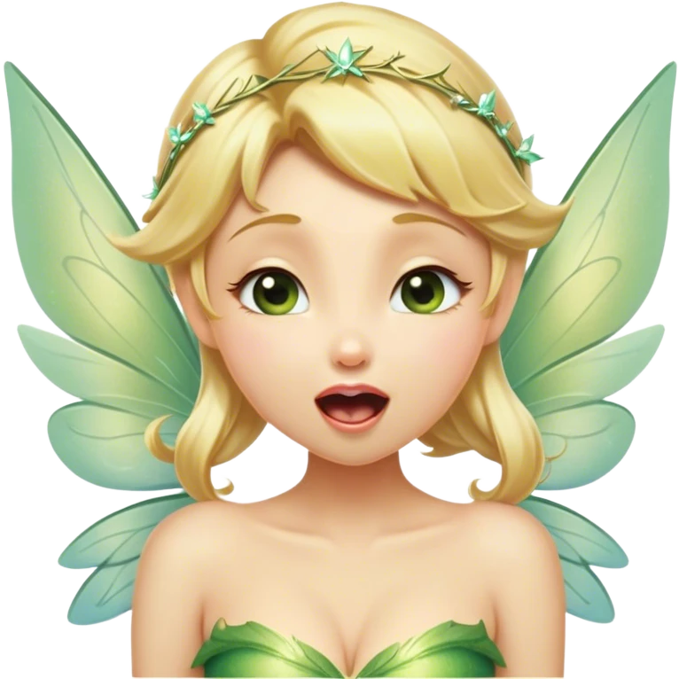 Cinematic Realistic Blonde Tinker Bell Fairy Portrait, head tilted slightly with a dramatic, wide-open yawn, revealing a tender, drowsy visage with intricately detailed golden blonde hair and softly shimmering wings gently drooping. Her sleepy, sparkling eyes exude a dreamy, ethereal charm, while the soft natural light and high shine emphasize every delicate detail—capturing the essence of an enchanting fairy drifting into a magical slumber. emoji