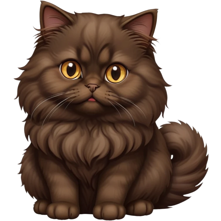 cinematic-[dark brown persian cat]-realistic-full-body-sitting-emoji,-tail-curled-playfully-around-its-paws,-head-tilted-dramatically,-fluffy-[dark brown]-fur,-simplified-yet-realistic-focused-features,-highly-detailed,-glowing-with-an-almost-sarcastic-glow emoji