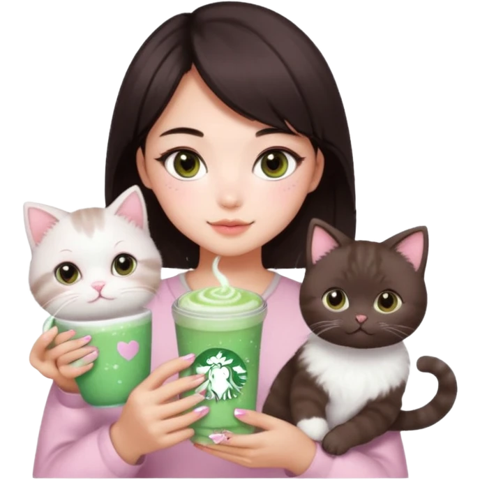 asian girl with short dark brown hair and dark brown eyes with a soft girl pink glowup aesthetic. matcha latte sparkles girly things, 2 ragdoll cat emoji