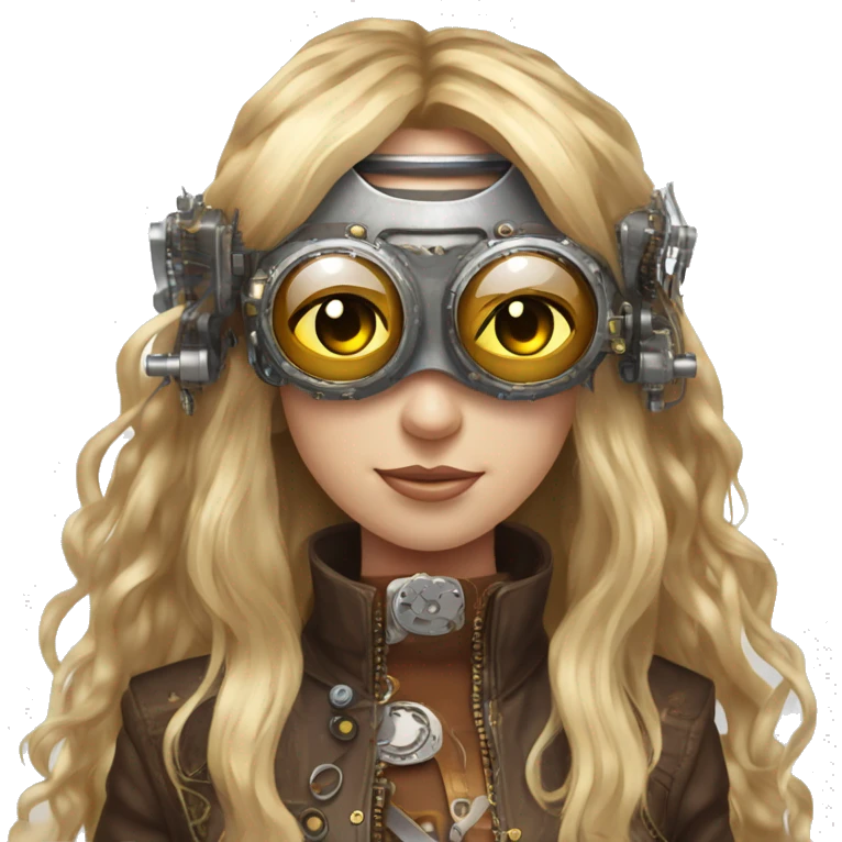 Brown long hair with blonde steaks female cyborg head, fair skin, steampunk goggles and circuits emoji