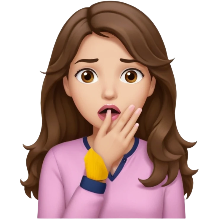 girl with wavy long brown hair, brown eyes, light to medium complexion, long lashes, light pink lipstick, wearing light pink shirt, shocked, hand covering mouth emoji