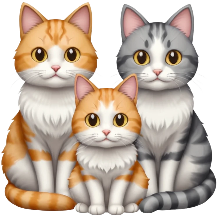 a fluffy grey and white cat sitting with 2 other cats emoji