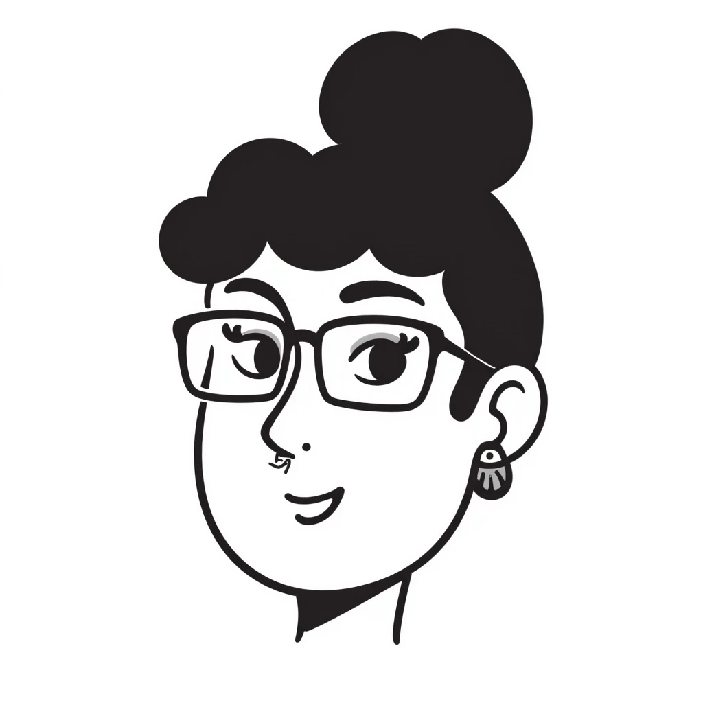 23-year-old girl with square thin glasses, brown curly hair in a high bun, big eyes and lashes, small nose and mouth, thin hoop nose piercing emoji