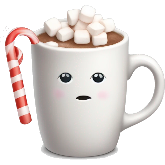 a white mug with hot cocoa that has marshmallows and a candy cane emoji