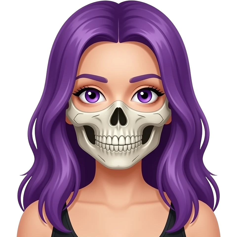 sexy girl with long purple hair and purple eyes wears a skullmask emoji