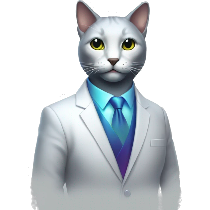 Dark iridescent cat wearing white business suit glowing emoji