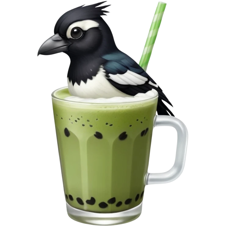  ONE Australien Magpie (just black and white feathers) sitting on an iced matcha latte on the edge of the glass. magpie has green matcha on its beak. matxha latte is in a see through glass and white from the oat milk on the bottom and green without seeds on top… one straw & ice cubes emoji
