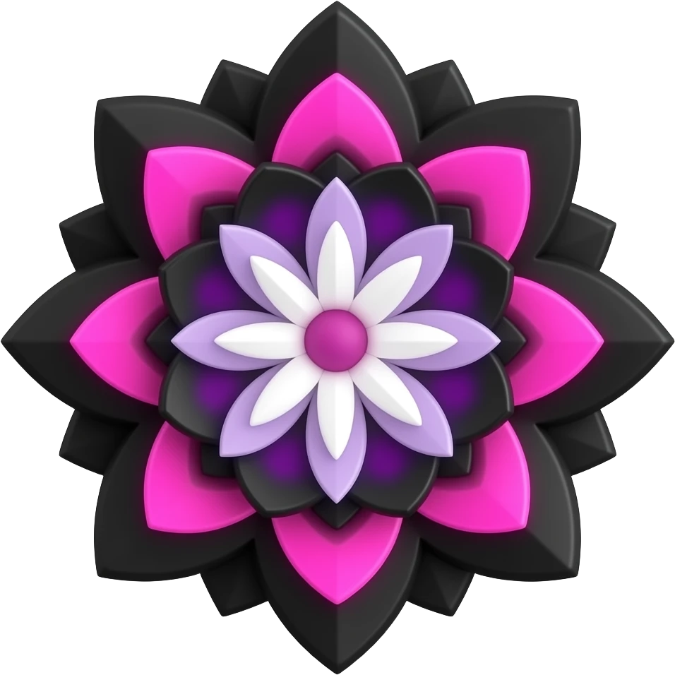 Hyper-realistic black to neon hot pink, to neon purple to crisp white, very beautiful, isolated 3d rendering mandala floral pattern, high definition, must have no emoji faces, no emoji icons, no human figures. emoji