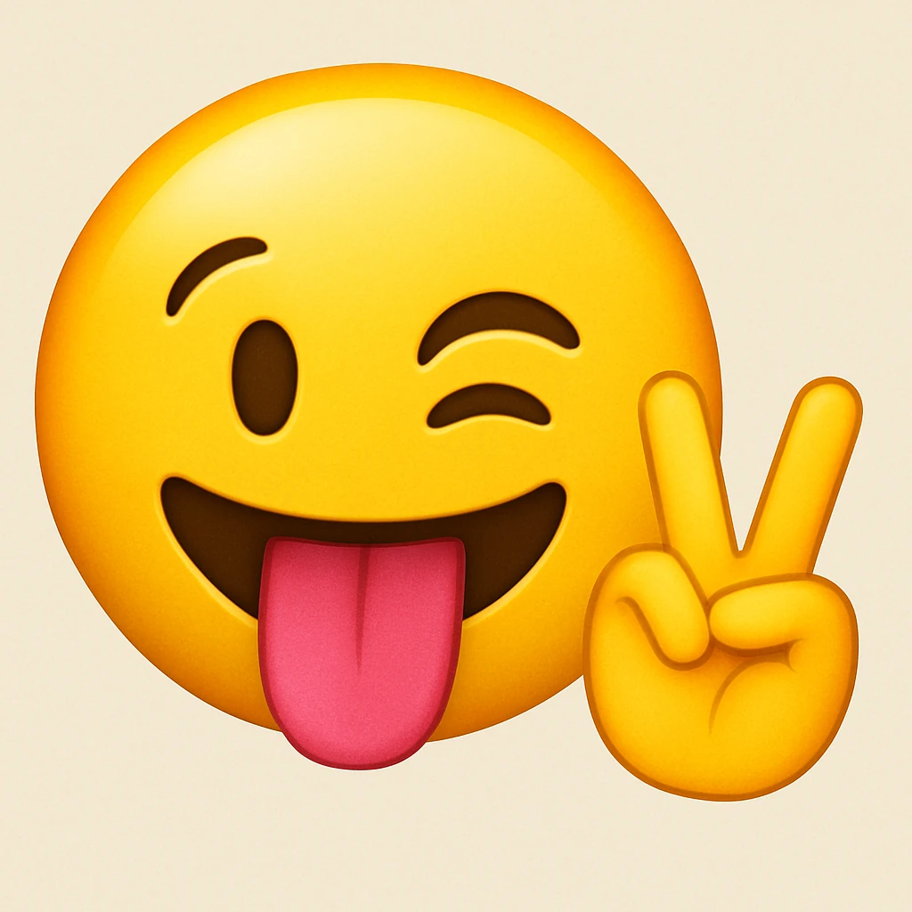 Yellow face iPhone emoji, tongue sticking out, putting up a peace sign emoji