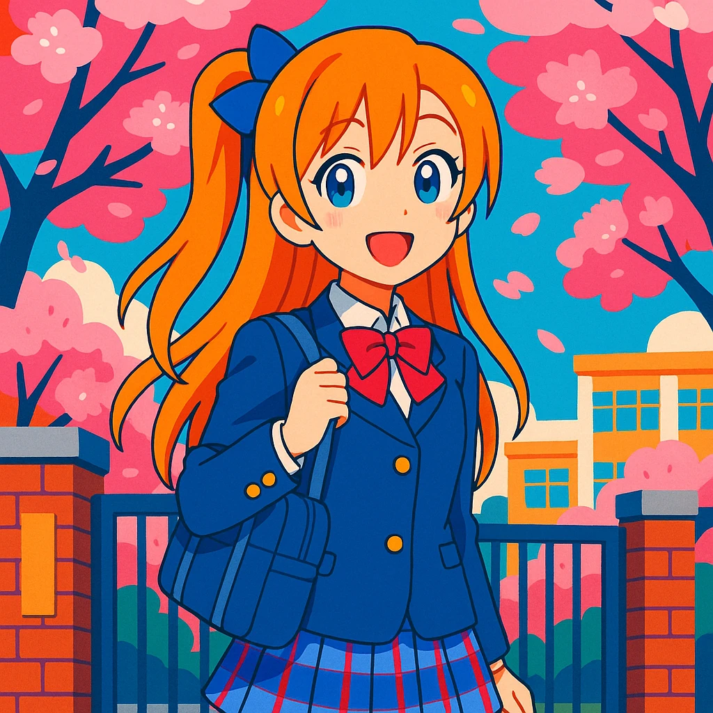anime schoolgirl with long orange hair, blue ribbon, blue eyes, smiling, in Japanese school uniform, standing by school gate with cherry blossoms, vibrant colors, Love Live! inspired emoji
