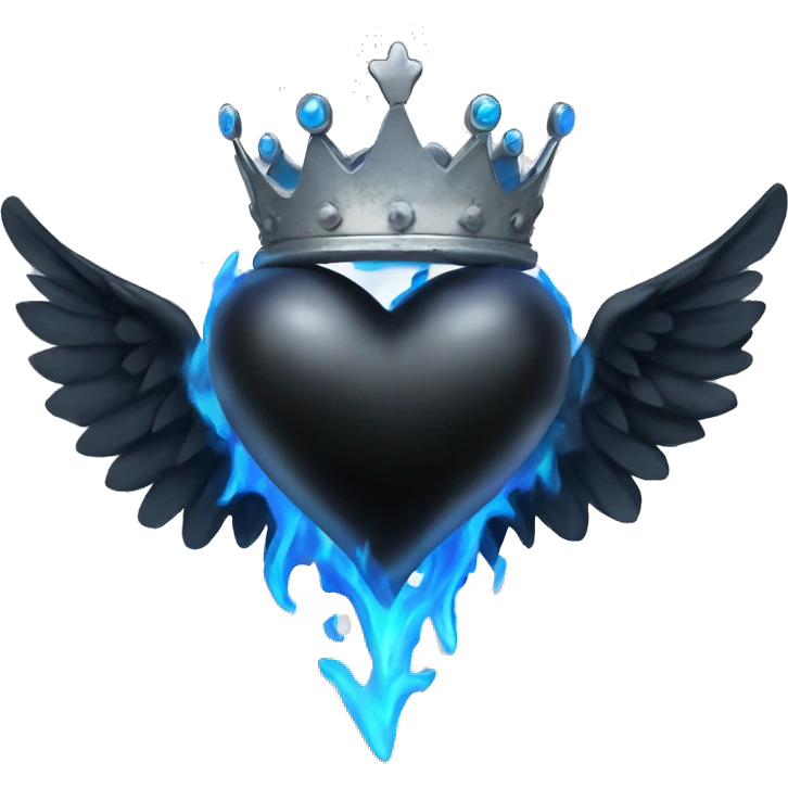 Black colored heart with wings and blue flames and a silver crown emoji