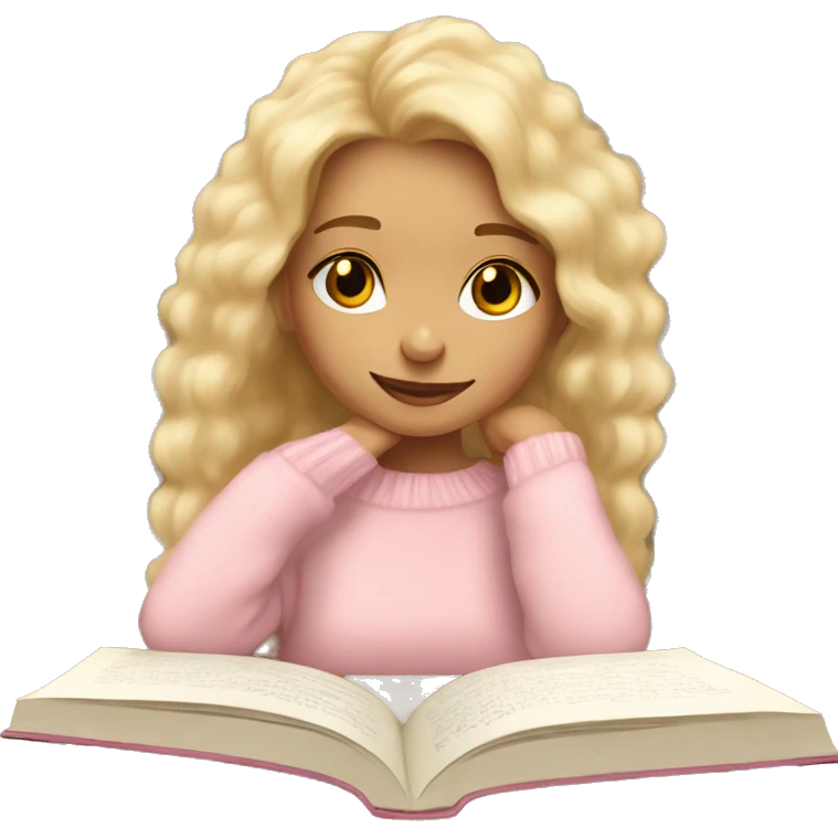 Girl with longe blonde hair wearing a fuzzy light pink sweater dreaming about books emoji
