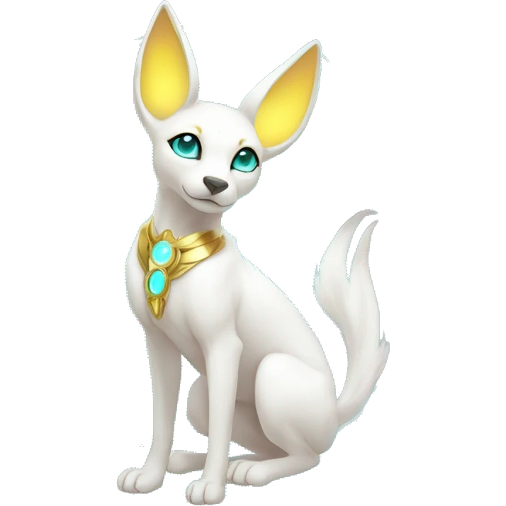 Shiny White Angelic Godly Ethereal Majestic Electric Albino Umbreon. cyan eyes and cyan markings. Golden Anubis-rings. full body emoji