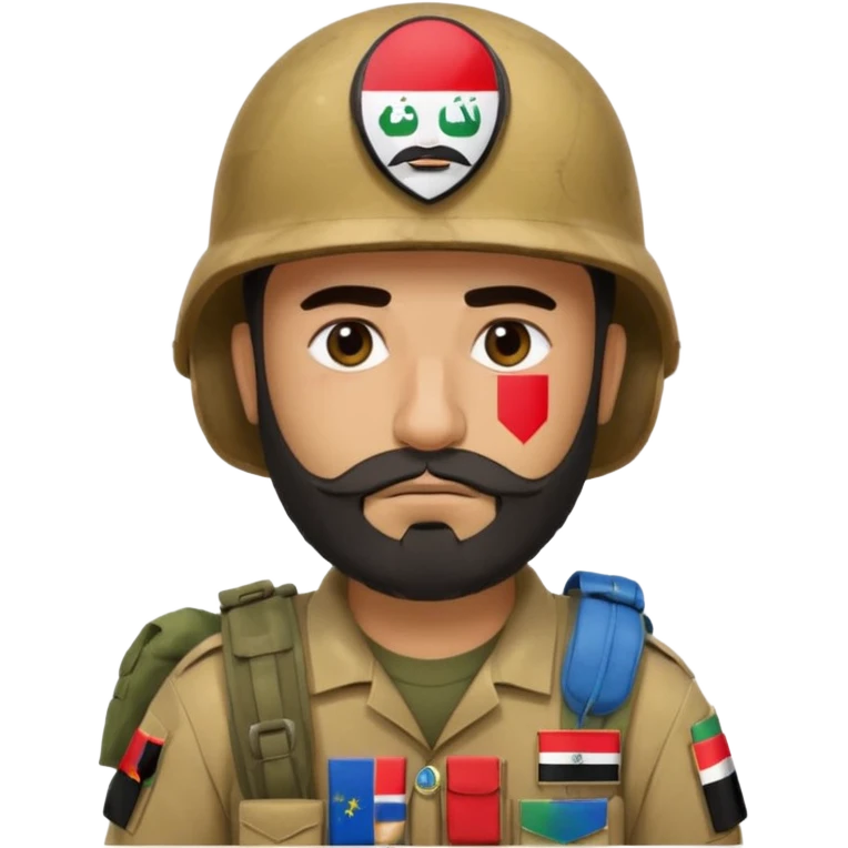 A very tired and sad, swarthy Iraqi soldier with a beard, an Iraqi flag on his helmet, a sad expression and bags under his eyes emoji