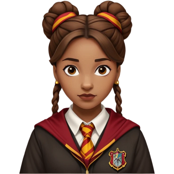 Angelina Johnson in harry potter, wear hogwarts gryfindor uniform,  thick, brown knot bun hair , reflecting her bold, stylish, and strong personality emoji