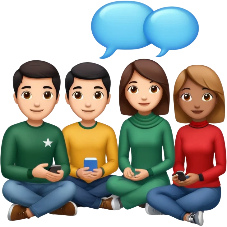 A group of young Pakistani people sitting around and sharing knowledge, with talking bubble of Hong kong emoji