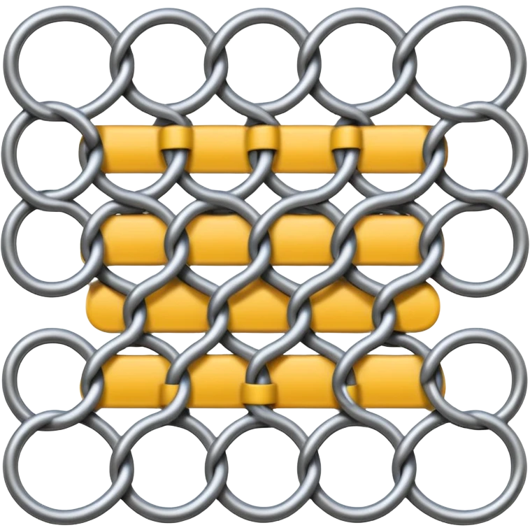3D render of Chain Link Fence, made of interlocking chainmail metal rings, wire mesh texture, visible holes and negative space, metallic silver and grey, high contrast shadows, emoji style, isolated on white background --v 6.0. emoji