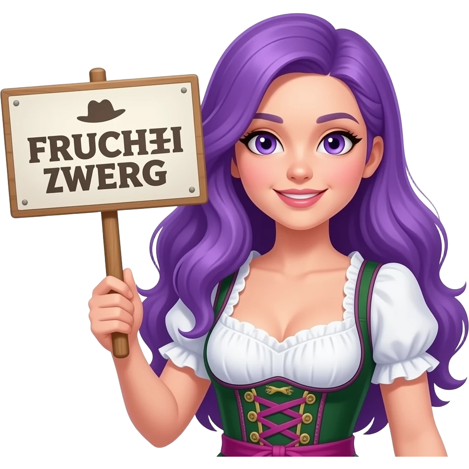 sexy girl with long purple hair and purple eyes wearing a dirndl holding a FRUCHTZWERG sign emoji